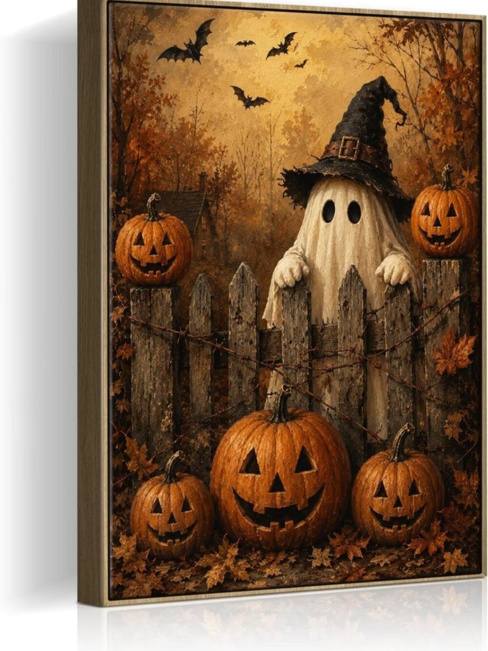 Cute Ghost & Pumpkin Halloween Framed Wall Art | Spooky Decor for Home